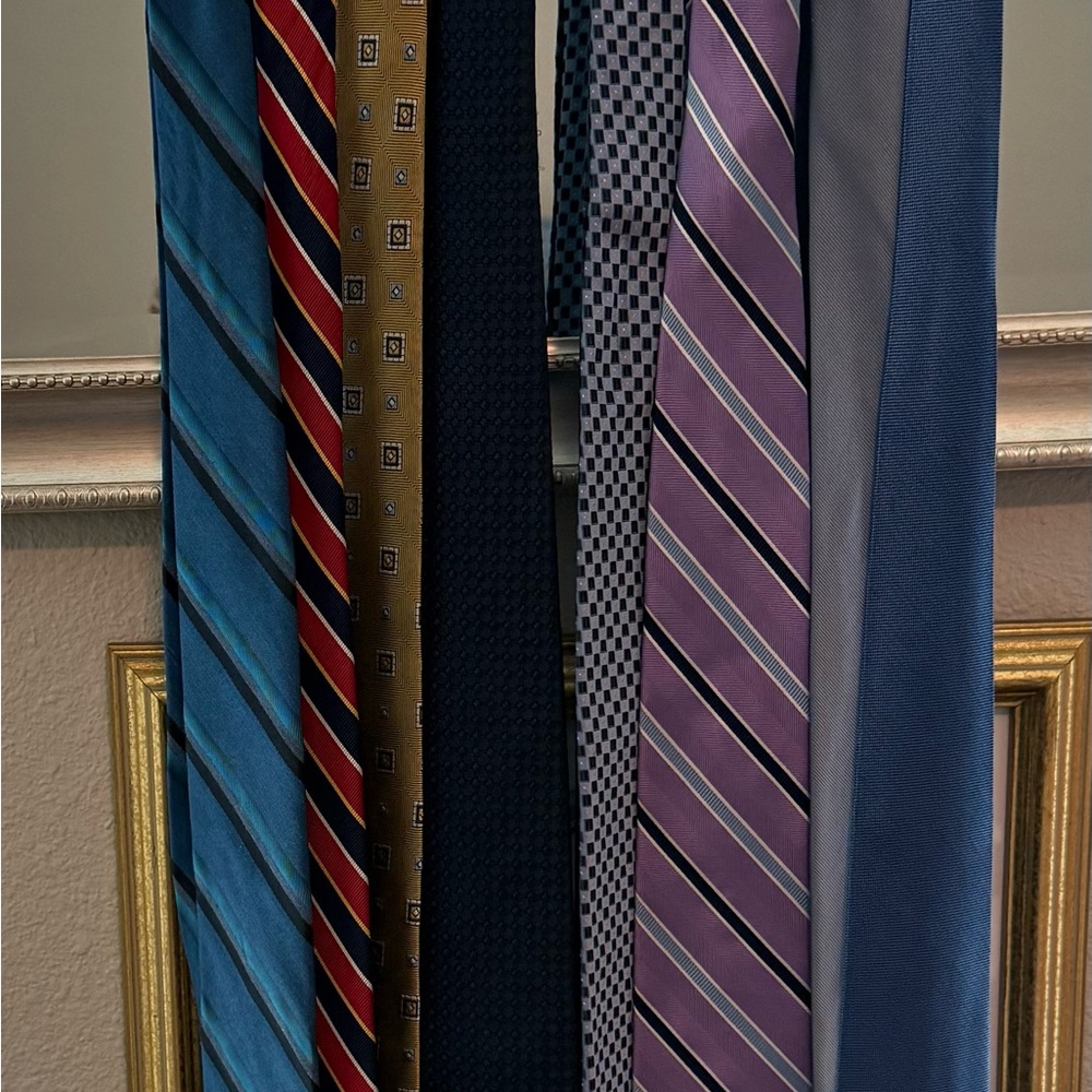 Assorted Men's Ties in Blue, Red, Gold, and Purple.  Ties are all extra long.